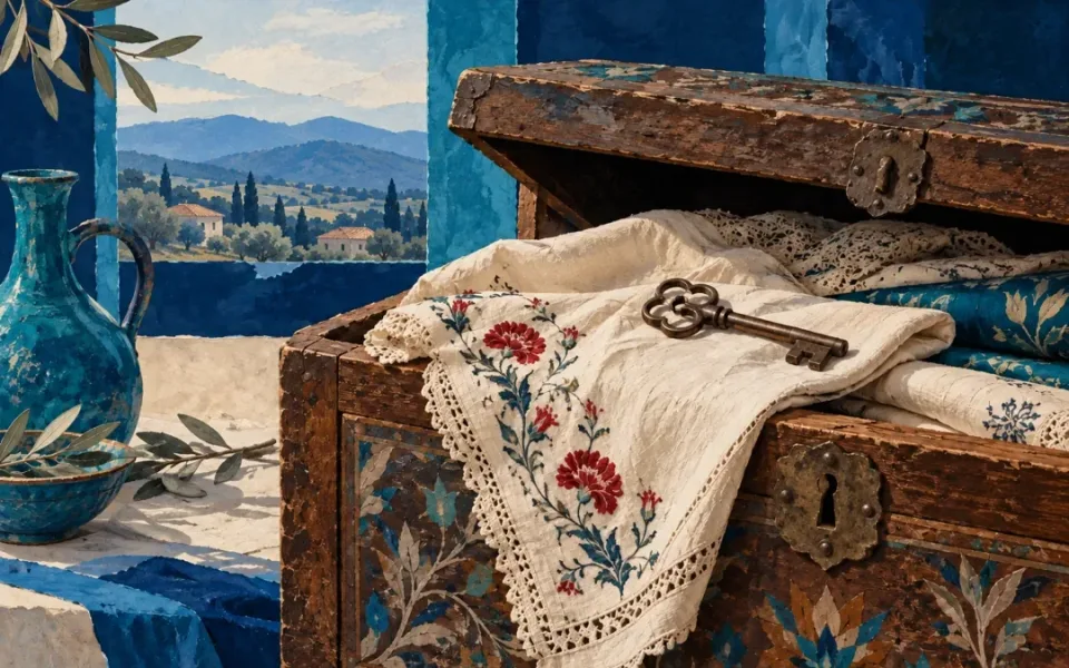 İşlemeli kumaş ve eski bir anahtarla birlikte yarı açık ahşap aile sandığı.