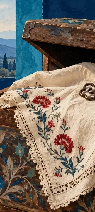 İşlemeli kumaş ve eski bir anahtarla birlikte yarı açık ahşap aile sandığı.
