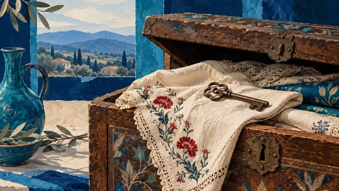 İşlemeli kumaş ve eski bir anahtarla birlikte yarı açık ahşap aile sandığı.