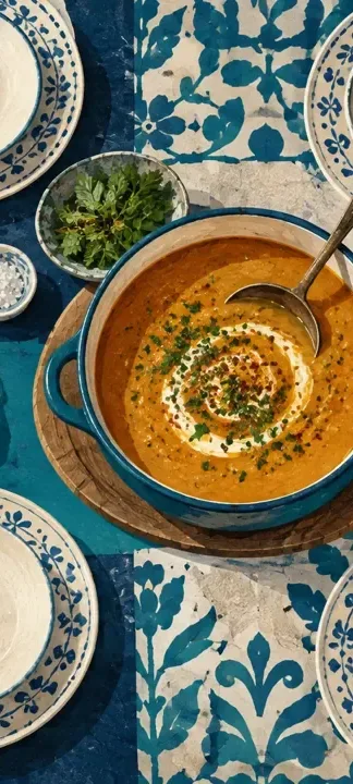 Ekmek çorba ve sade tabaklarla hazırlanmış gündelik bir sofranın üstten görünümü.