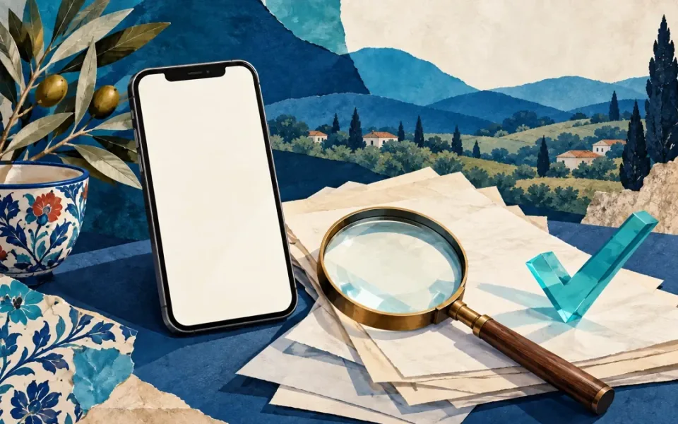 Boş ekranlı telefon büyüteç ve belgelerle bilgiyi doğrulamayı anlatan kavramsal illüstrasyon.