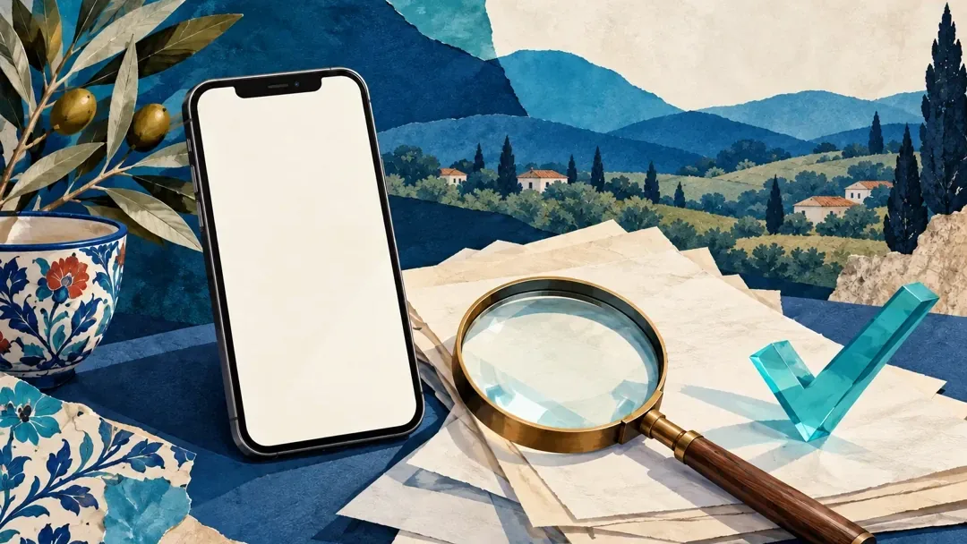 Boş ekranlı telefon büyüteç ve belgelerle bilgiyi doğrulamayı anlatan kavramsal illüstrasyon.