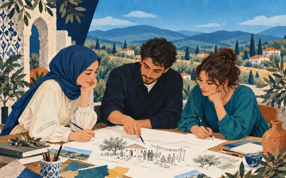 Bir masa çevresinde ortak bir kültür projesi üzerinde çalışan üç gencin temsili illüstrasyonu.