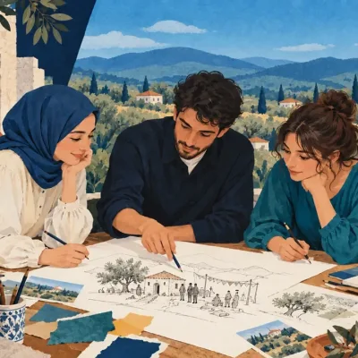 Bir masa çevresinde ortak bir kültür projesi üzerinde çalışan üç gencin temsili illüstrasyonu.