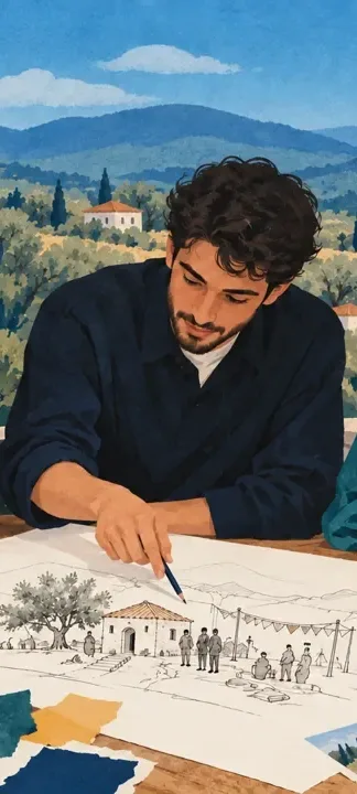 Bir masa çevresinde ortak bir kültür projesi üzerinde çalışan üç gencin temsili illüstrasyonu.