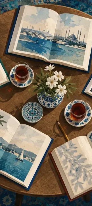 Yuvarlak masa çevresinde farklı açık kitaplar çay fincanları ve kalemlerle okuma halkası kompozisyonu.