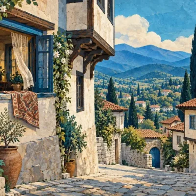 Tarihî Balkan evlerinden esinlenen hayalî bir sokak illüstrasyonu; belirli bir İskeçe sokağını göstermez.