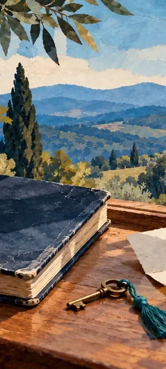 Pencere önünde mavi bir defter turkuaz ayraç ve küçük eski bir anahtar.